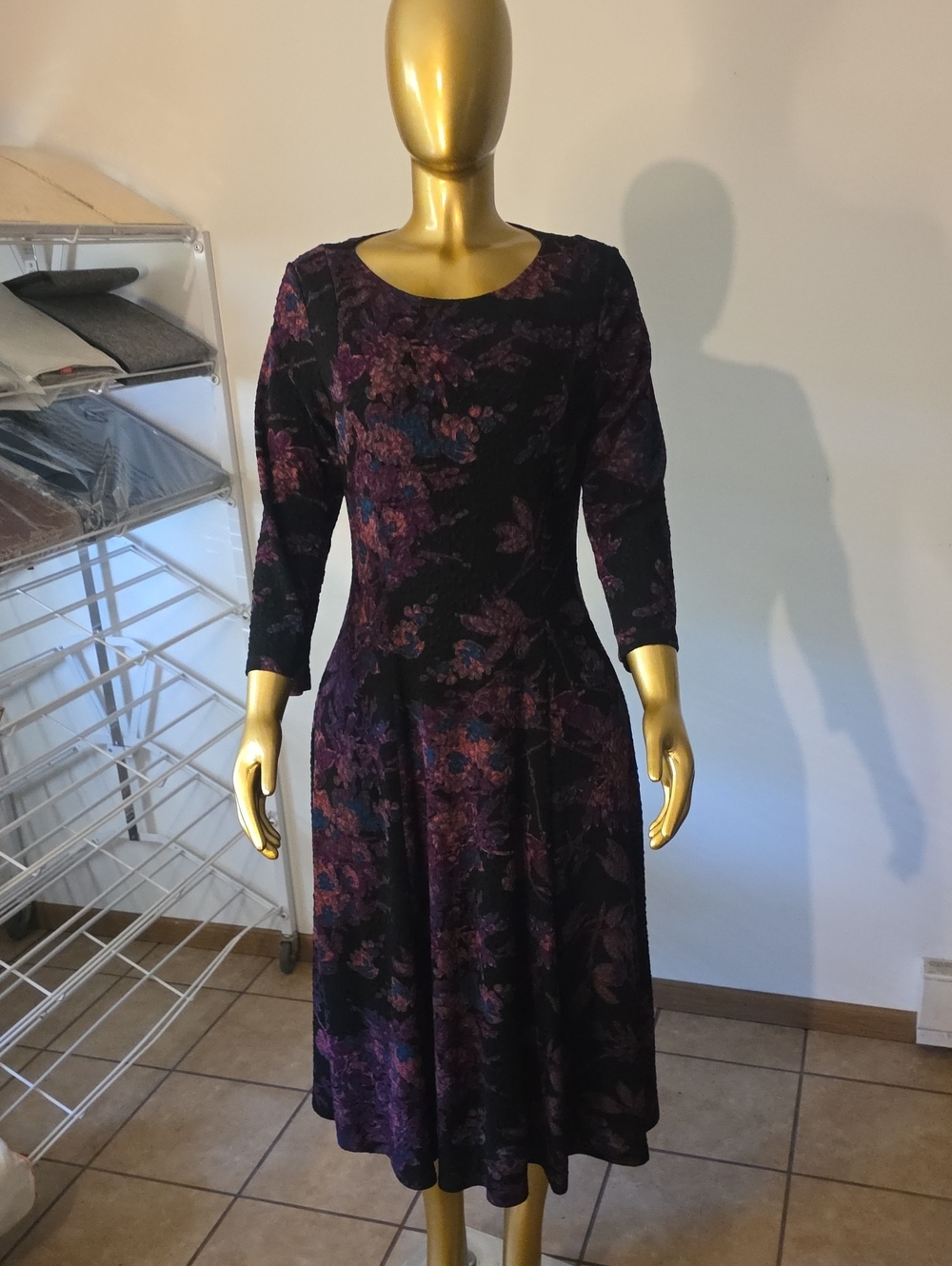 Coldwater Creek Black and Purple Floral Long-Sleeve Midi Dress